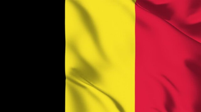 Waving flag of Belgium featuring vertical stripes of black yellow and red fabric texture with soft folds and realistic motion