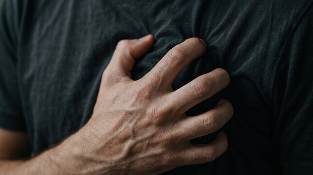 a man clutching his chest in sudden pain, representing a heart attack or severe chest discomfort.
