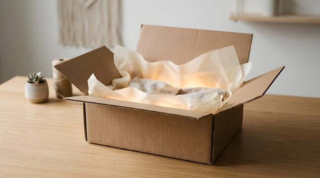 Cardboard box filled with crumpled packing paper, unboxing experience