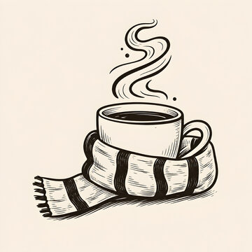 Hot cup of coffee wrapped in a warm striped winter scarf vector sketch style