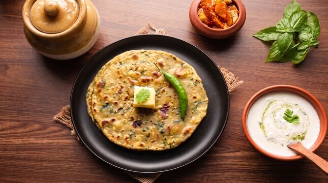 Aloo paratha served with curd and pickles for hearty indian breakfast or meal.