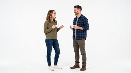 Fototapeta premium Happy young couple standing and talking while holding coffee cups isolated on white background
