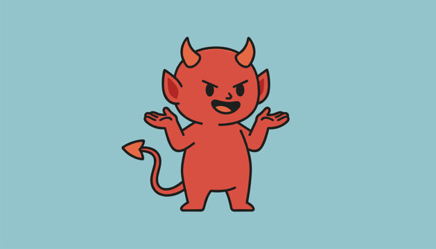 Playful cartoon character of a small red devil with pointed horns and a spade tail making a funny shrugging gesture on a blue background.