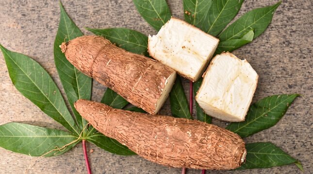 Raw cassava roots with green leaves for tropical starch vegetable culinary ingredient used in traditional cooking.