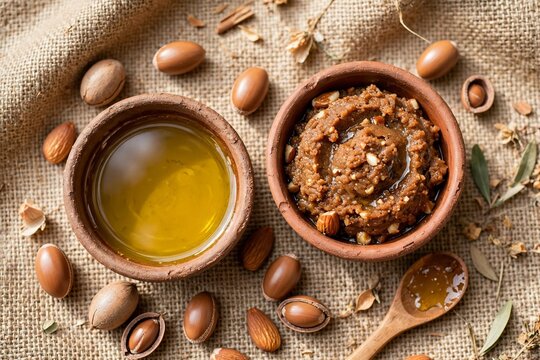 Moroccan argan oil and amlou in clay bowls with argan nuts
