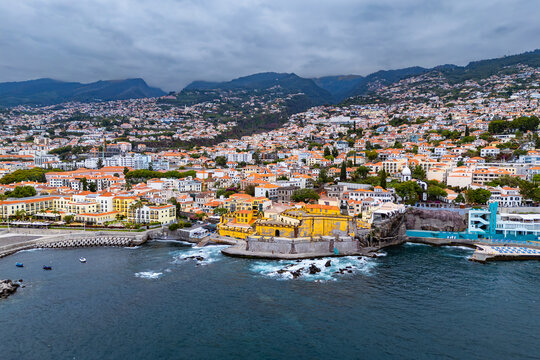 Historic fortress Sao Tiago at the waterfront of Funchal city, Madeira Island, aerial view