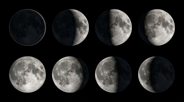 Eight phases of the moon showing lunar cycle progression