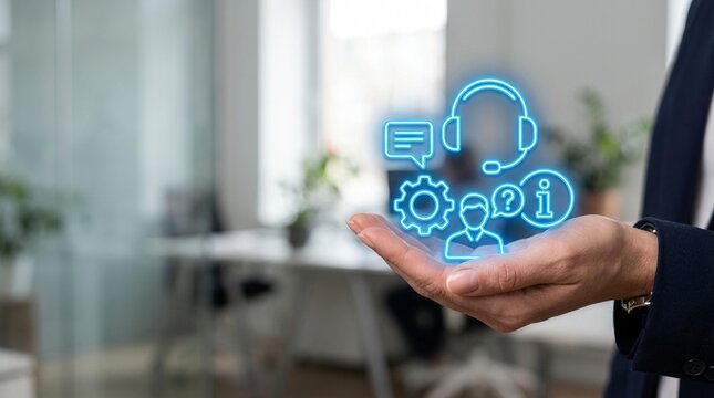 Hand holding glowing blue customer support and service icons in office