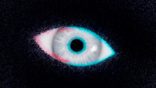 Glowing eyeball with red and blue light on a dark textured surface