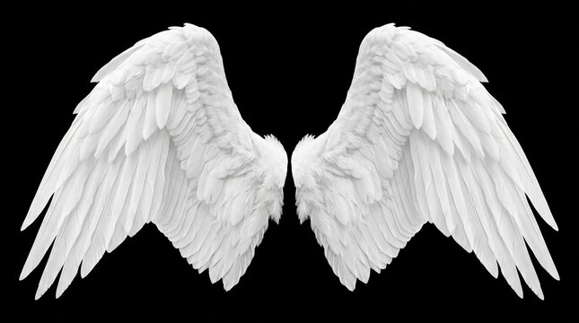 Pair of large white angel wings spread open on black background