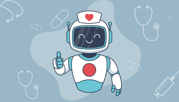 Friendly medical robot nurse wearing a hat and giving a thumbs up symbol against a blue clinical backdrop with various healthcare icons.