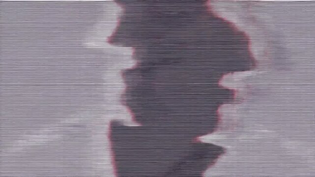 Abstract dark silhouette with scanlines and red glitch edges on white