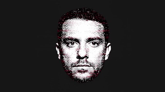 Stylized Male Face Rendered in Glitch Art Against a Dark Background