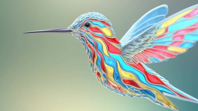 Colorful hummingbird with raised wings in side view against a soft pastel background
