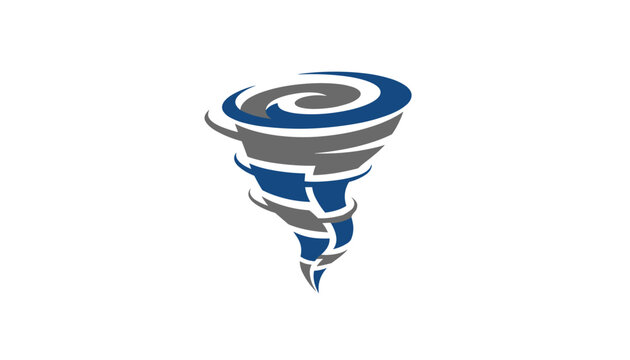 Stylized blue and grey tornado or whirlpool icon showing a powerful rotating vortex of wind or water against a white background.