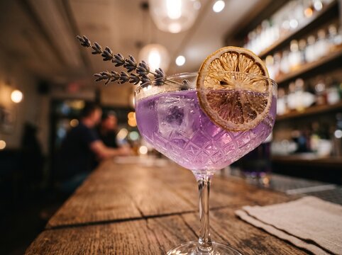 Elegant pastel purple empress gin cocktail in coupe glass garnished with dried lavender, generative AI