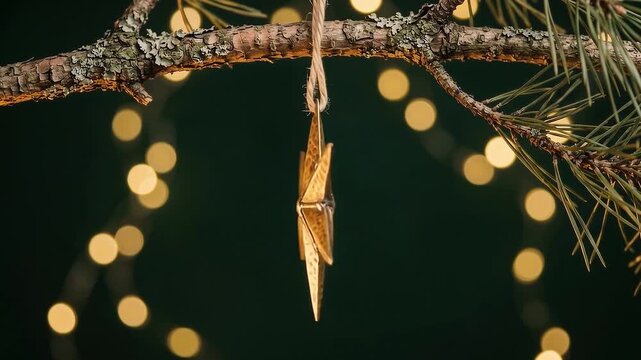 Rustic hammered brass star ornament hanging from natural pine branch with warm sparkling Christmas bokeh lights glowing softly in dark background