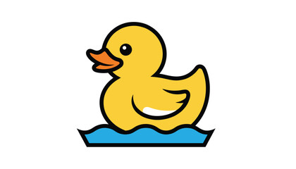Fototapeta premium Yellow rubber duck toy floating on bright blue water waves against a white background for childhood playtime fun.