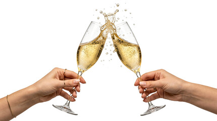 Sparkling golden champagne flutes clinking together with elegant splashes of fizzy liquid on transparent background © we.bond.png