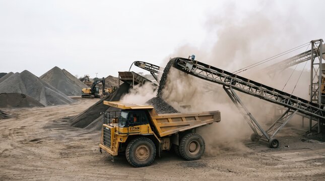 Large mining dump truck loading coal at a stone quarry