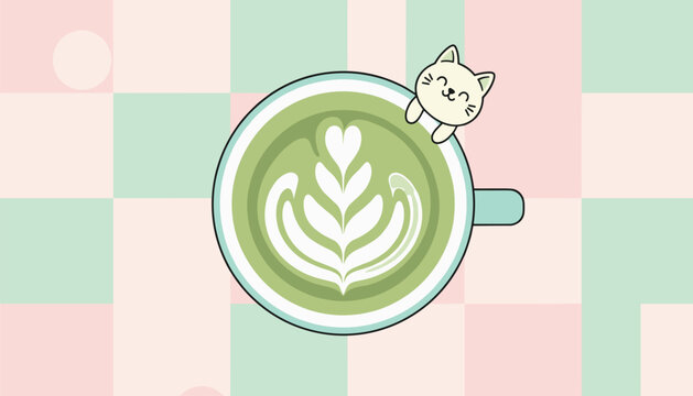 Top view of a matcha green tea latte with foam art features a cute white cat illustration peeking over the edge of the ceramic cup.