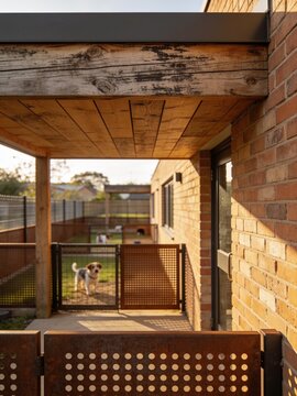 Brick dog boarding facility walkway with corten steel gates and dogs in outdoor runs