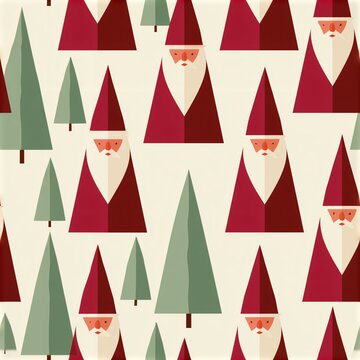 This pattern includes geometric Santas and trees on a light background
