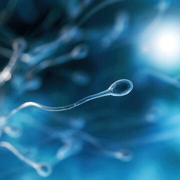 Digital illustration of sperm cells swimming toward a bright light symbolizing fertilization in a microscopic blue environment