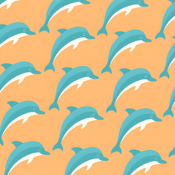 Seamless pattern with jumping blue dolphins on orange background