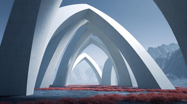 Futuristic white architecture over water. Futuristic geometric arch.