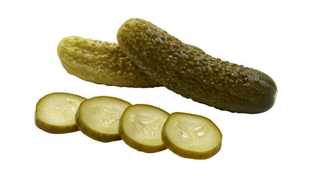 Isolated fresh whole and sliced gherkins ready for a healthy and delicious snack meal.