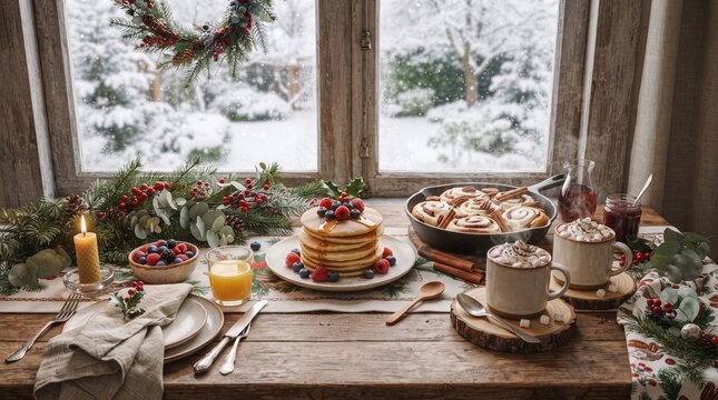 Pancakes with berries and maple syrup sit on a table decorated for a cozy winter breakfast beside a window view of falling snow.