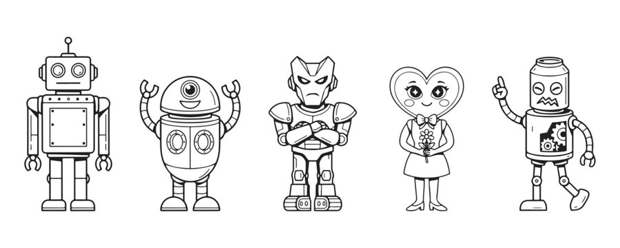 Retro robot character set with diverse mechanical designs and expressive faces in line art style.