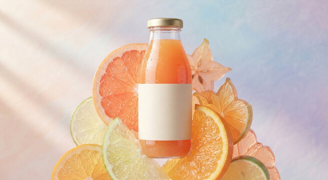 Citrus beverage bottle product mockup surrounded by fresh orange and lime slices