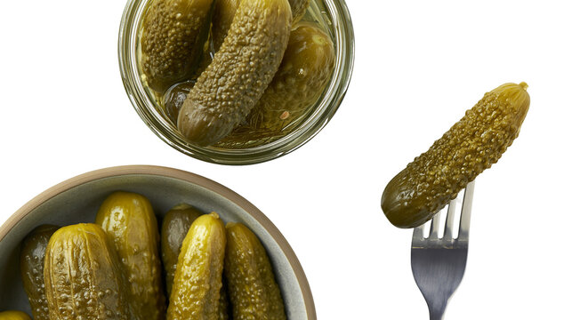 Isolated gherkins and pickles in glass jar, ceramic bowl, and one on a metal fork