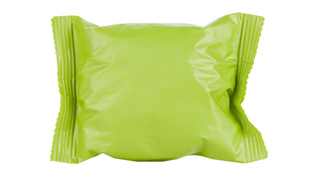 Isolated plain lime green flexible snack pouch mockup, ideal for product branding and design