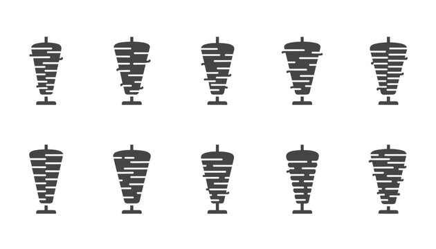 Collection of kebab icons shows various shapes of rotating meat spits used for traditional middle eastern shawarma and gyro preparation.