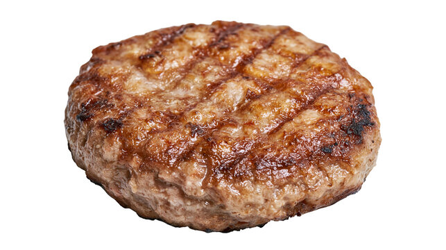Isolated Delicious flame-grilled ground beef hamburger patty fresh from the barbecue grill