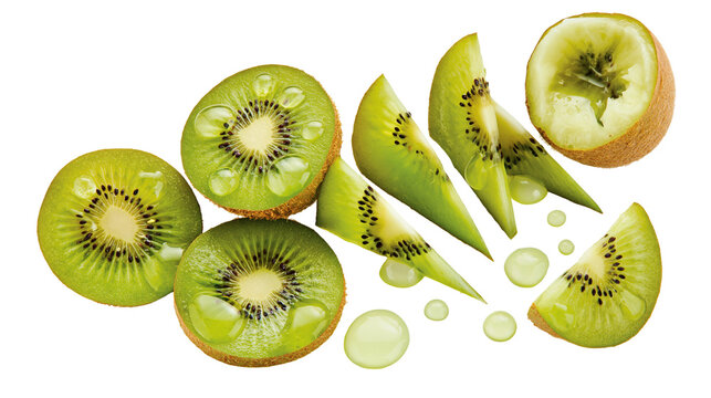 Isolated fresh juicy green kiwi fruit slices and wedges with refreshing clear water drops