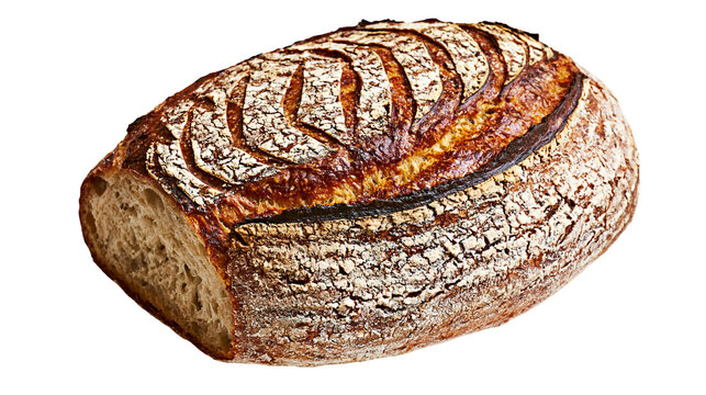 Isolated rustic artisanal sourdough bread loaf with a crispy crust, dusty flour, and scored top