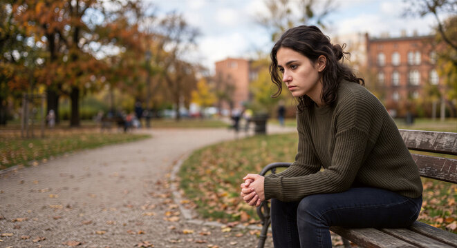 Sad lonely young woman sitting on an autumn park bench representing seasonal depression and heartbreak