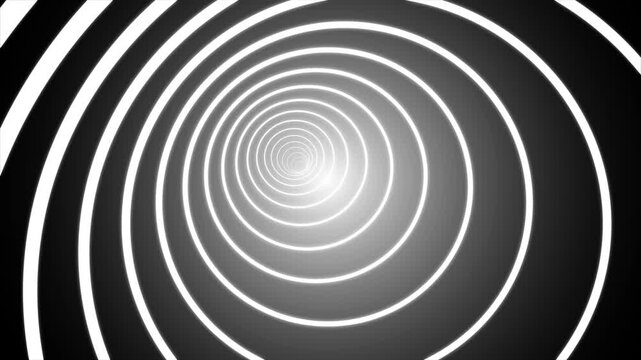 Seamless loop animation of white glowing concentric circles moving forward in a dark tunnel space