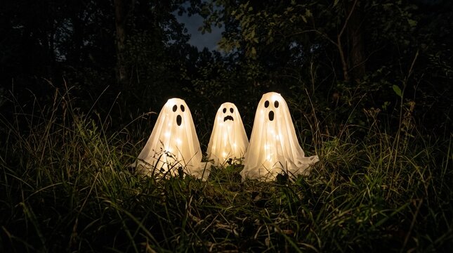 Three illuminated ghost decorations standing in the dark grass at night in a forest with Three glowing ghost figures made fabric string lights sit grass dark outdoor setting