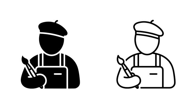 Minimalist black painter icon wearing beret and holding paintbrush depicting creative design