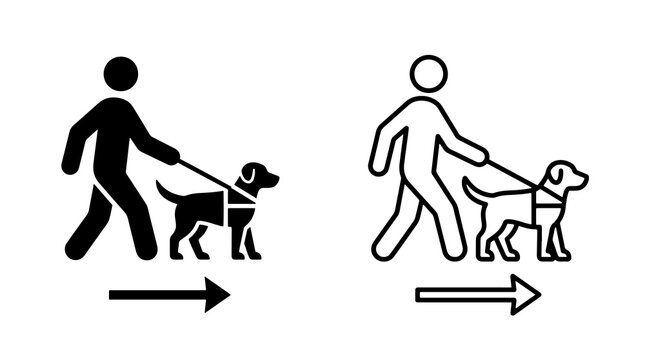 Minimalist black pictogram of a guide dog walking with a person