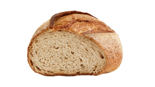 Isolated rustic sourdough bread loaf cut in half showing delicious crust and texture