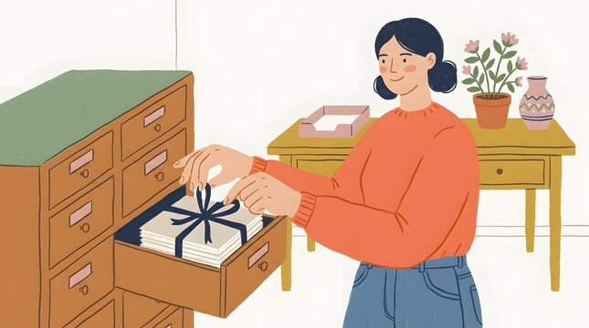 Woman putting tied stack of letters into wooden card catalog drawer indoors
