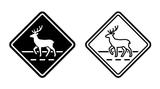Minimalist deer crossing road sign vector icon in black style for traffic safety