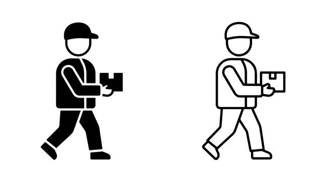 Minimalist courier delivery man walking with package in vector icon style