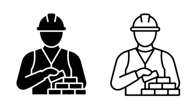 Minimalist builder laying bricks vector icons in outline and silhouette styles